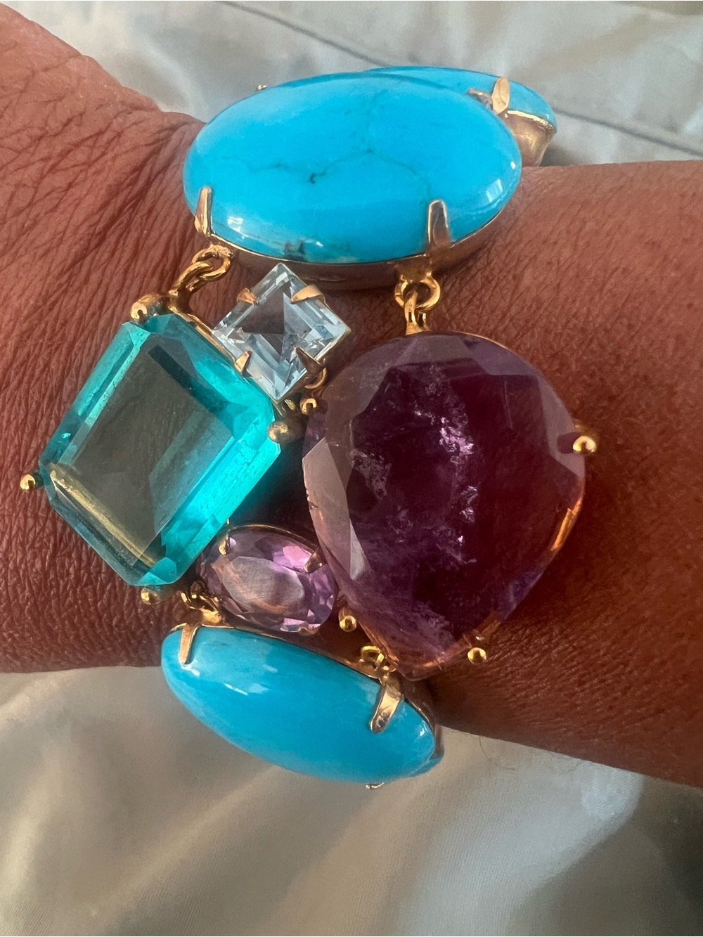Bounkit Turquoise Amethyst and Topaz Gold-Plated Statement Bracelet - Picture 8 of 10